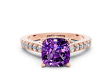 Rose gold Cushion Cut Diamond Solitaire Ring with Pavé Band and Prong Setting