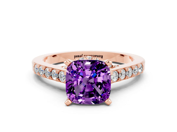 Rose gold Cushion Cut Amethyst Solitaire Ring with Crossover Gallery and Round  Pavé Band
