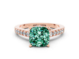 Rose gold Cushion Cut Diamond Solitaire Ring with Pavé Band and Prong Setting