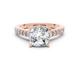 Rose gold Cushion Cut Diamond Solitaire Ring with Pavé Band and Prong Setting