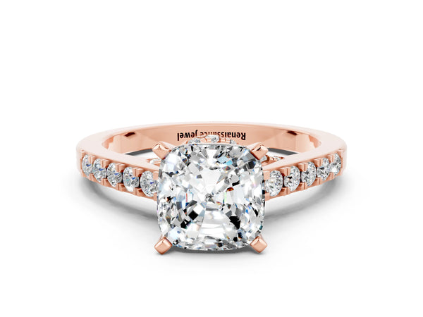 Rose gold Cushion Cut Moissanite Solitaire Ring with Crossover Gallery and Round  Pavé Band