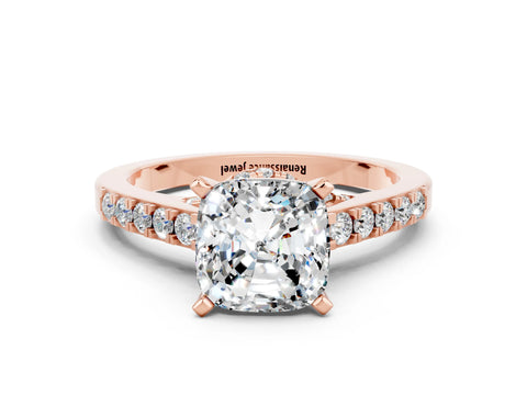 Rose gold Cushion Cut Diamond Solitaire Ring with Pavé Band and Prong Setting