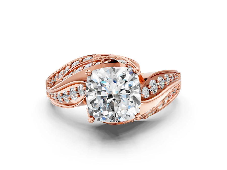 Rose gold Cushion Cut Diamond Solitaire Ring with Prong Setting and Twisted Pavé Band