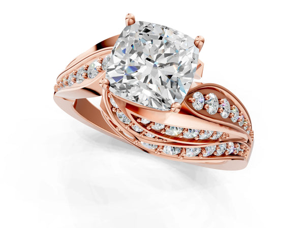 Rose gold Cushion Cut Diamond Solitaire Ring with Prong Setting and Twisted Pavé Band
