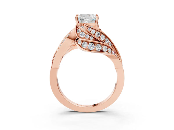 Rose gold Cushion Cut Diamond Solitaire Ring with Prong Setting and Twisted Pavé Band