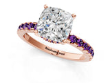 Rose gold Cushion Cut Diamond Solitaire Ring with Round with Amethyst side stone Pavé Band and Four-Prong Setting_37