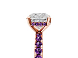 Rose gold Cushion Cut Diamond Solitaire Ring with Round with Amethyst side stone Pavé Band and Four-Prong Setting_41