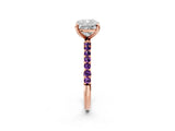 Rose gold Cushion Cut Diamond Solitaire Ring with Round with Amethyst side stone Pavé Band and Prong Setting_14