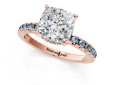 Rose gold Cushion Cut Diamond Solitaire Ring with Round with Aquamarine side stone Pavé Band and Four-Prong Setting_37