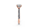 Rose gold Cushion Cut Diamond Solitaire Ring with Round with Aquamarine side stone Pavé Band and Four-Prong Setting_38