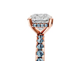Rose gold Cushion Cut Diamond Solitaire Ring with Round with Aquamarine side stone Pavé Band and Four-Prong Setting_41