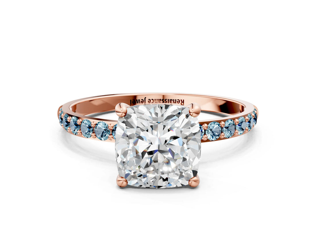 Rose gold Cushion Cut Diamond Solitaire Ring with Round with Aquamarine side stone Pavé Band and Prong Setting_24