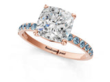 Rose gold Cushion Cut Diamond Solitaire Ring with Round with Aquamarine side stone Pavé Band and Prong Setting_25