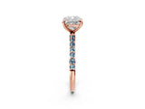 Rose gold Cushion Cut Diamond Solitaire Ring with Round with Aquamarine side stone Pavé Band and Prong Setting_26