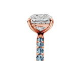 Rose gold Cushion Cut Diamond Solitaire Ring with Round with Aquamarine side stone Pavé Band and Prong Setting_29