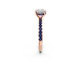 Rose gold Cushion Cut Diamond Solitaire Ring with Round with Blue Sapphire side stone Pavé Band and Four-Prong Setting_38