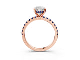 Rose gold Cushion Cut Diamond Solitaire Ring with Round with Blue Sapphire side stone Pavé Band and Four-Prong Setting_39
