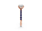 Rose gold Cushion Cut Diamond Solitaire Ring with Round with Blue Sapphire side stone Pavé Band and Prong Setting_26