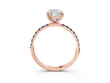 Rose gold Cushion Cut Diamond Solitaire Ring with Round with Blue Sapphire side stone Pavé Band and Prong Setting_27