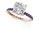 Rose gold Cushion Cut Diamond Solitaire Ring with Round with Blue Sapphire side stone Pavé Band and Prong Setting_37