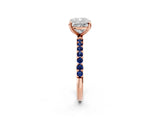 Rose gold Cushion Cut Diamond Solitaire Ring with Round with Blue Sapphire side stone Pavé Band and Prong Setting_38