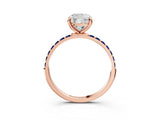 Rose gold Cushion Cut Diamond Solitaire Ring with Round with Blue Sapphire side stone Pavé Band and Prong Setting_39