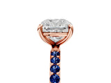 Rose gold Cushion Cut Diamond Solitaire Ring with Round with Blue Sapphire side stone Pavé Band and Prong Setting_41