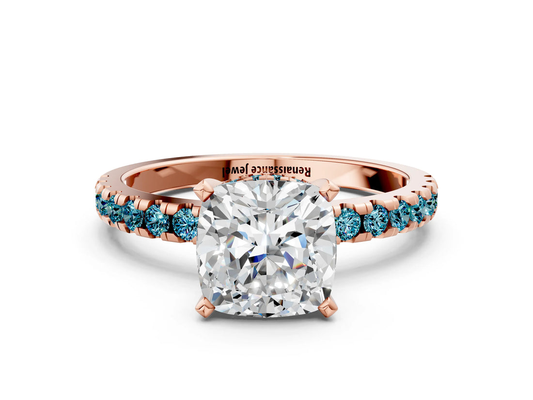 Rose gold Cushion Cut Diamond Solitaire Ring with Round with Blue Topaz side stone Pavé Band and Four-Prong Setting_36