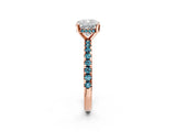 Rose gold Cushion Cut Diamond Solitaire Ring with Round with Blue Topaz side stone Pavé Band and Four-Prong Setting_38