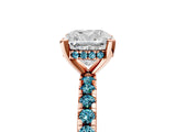 Rose gold Cushion Cut Diamond Solitaire Ring with Round with Blue Topaz side stone Pavé Band and Four-Prong Setting_41