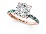 Rose gold Cushion Cut Diamond Solitaire Ring with Round with Blue Topaz side stone Pavé Band and Prong Setting_37