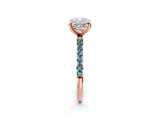 Rose gold Cushion Cut Diamond Solitaire Ring with Round with Blue Topaz side stone Pavé Band and Prong Setting_38