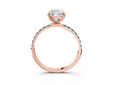 Rose gold Cushion Cut Diamond Solitaire Ring with Round with Blue Topaz side stone Pavé Band and Prong Setting_39