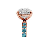 Rose gold Cushion Cut Diamond Solitaire Ring with Round with Blue Topaz side stone Pavé Band and Prong Setting_41