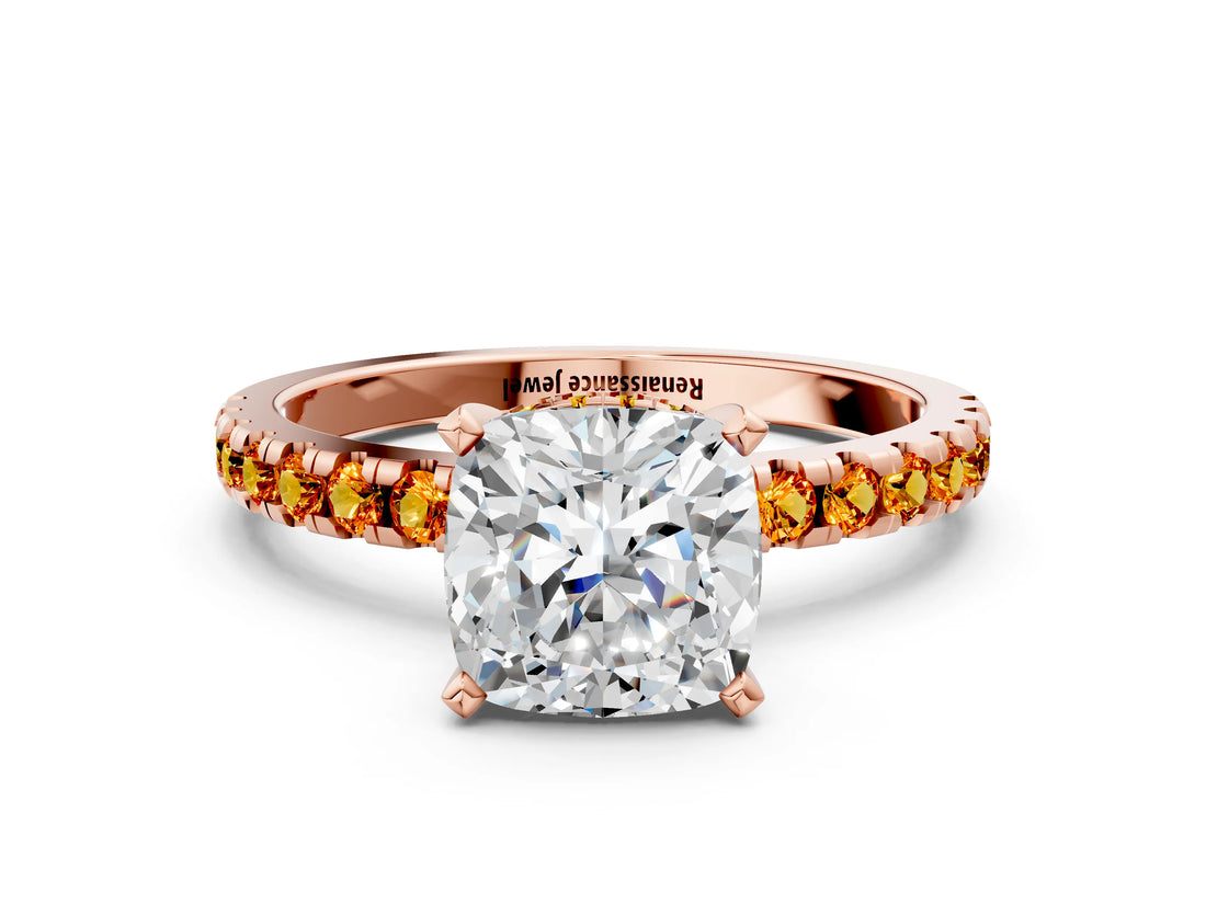Rose gold Cushion Cut Diamond Solitaire Ring with Round with Citrine side stone Pavé Band and Four-Prong Setting_36