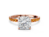 Rose gold Cushion Cut Diamond Solitaire Ring with Round with Citrine side stone Pavé Band and Prong Setting_35