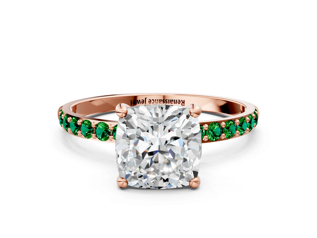 Rose gold Cushion Cut Diamond Solitaire Ring with Round with Emerald side stone Pavé Band and Prong Setting_24