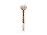 Rose gold Cushion Cut Diamond Solitaire Ring with Round with Emerald side stone Pavé Band and Prong Setting_26