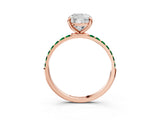 Rose gold Cushion Cut Diamond Solitaire Ring with Round with Emerald side stone Pavé Band and Prong Setting_27