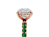 Rose gold Cushion Cut Diamond Solitaire Ring with Round with Emerald side stone Pavé Band and Prong Setting_29