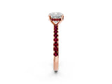 Rose gold Cushion Cut Diamond Solitaire Ring with Round with Garnet side stone Pavé Band and Four-Prong Setting_38