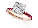 Rose gold Cushion Cut Diamond Solitaire Ring with Round with Garnet side stone Pavé Band and Prong Setting_25