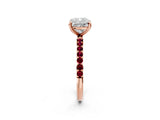 Rose gold Cushion Cut Diamond Solitaire Ring with Round with Garnet side stone Pavé Band and Prong Setting_26
