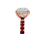 Rose gold Cushion Cut Diamond Solitaire Ring with Round with Garnet side stone Pavé Band and Prong Setting_29