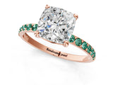 Rose gold Cushion Cut Diamond Solitaire Ring with Round with Green Sapphire side stone Pavé Band and Prong Setting_24