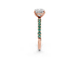 Rose gold Cushion Cut Diamond Solitaire Ring with Round with Green Sapphire side stone Pavé Band and Prong Setting_25