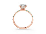 Rose gold Cushion Cut Diamond Solitaire Ring with Round with Green Sapphire side stone Pavé Band and Prong Setting_26