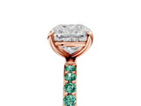 Rose gold Cushion Cut Diamond Solitaire Ring with Round with Green Sapphire side stone Pavé Band and Prong Setting_28