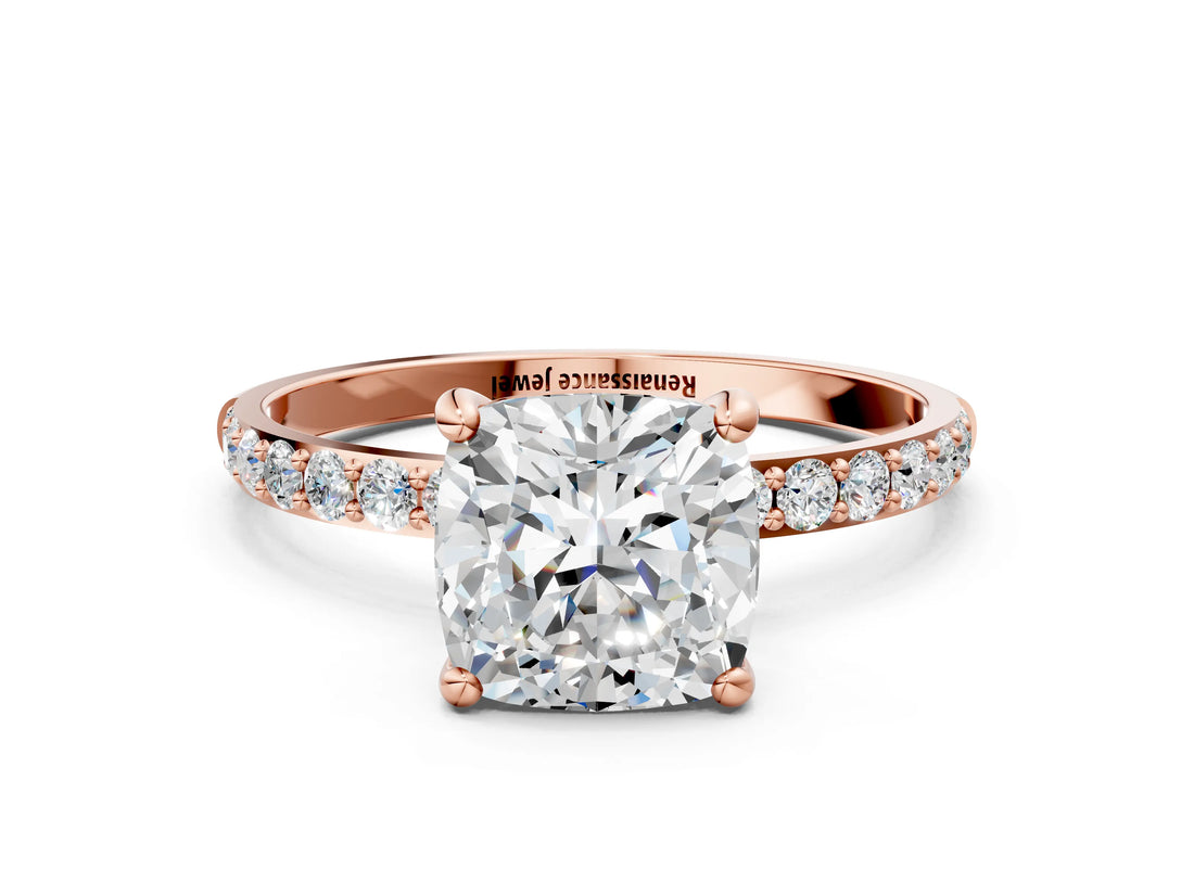 Rose gold Cushion Cut Diamond Solitaire Ring with Round with Moissanite side stone Pavé Band and Prong Setting_12