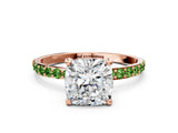 Rose gold Cushion Cut Diamond Solitaire Ring with Round with Peridot side stone Pavé Band and Prong Setting